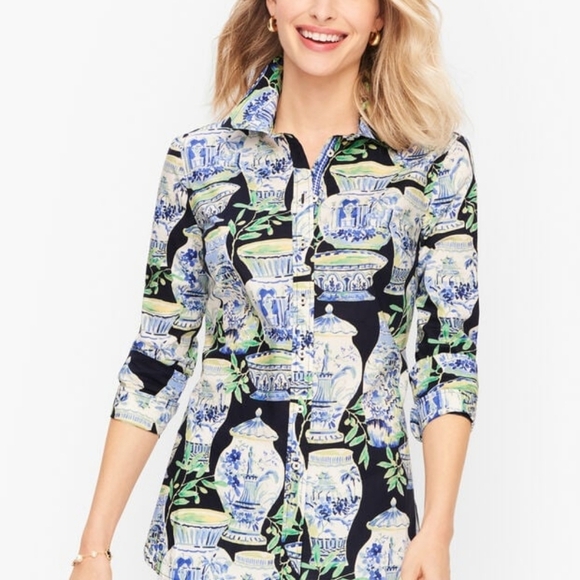 Talbots Classic Cotton Watercolor Vases Long Sleeve Button Down M - Picture 2 of 8